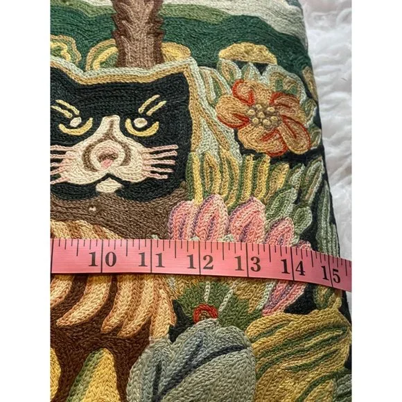 Vintage Chainstitch Embroidery Decorative Pillow with Cats 16 Inch Square - Picture 9 of 10